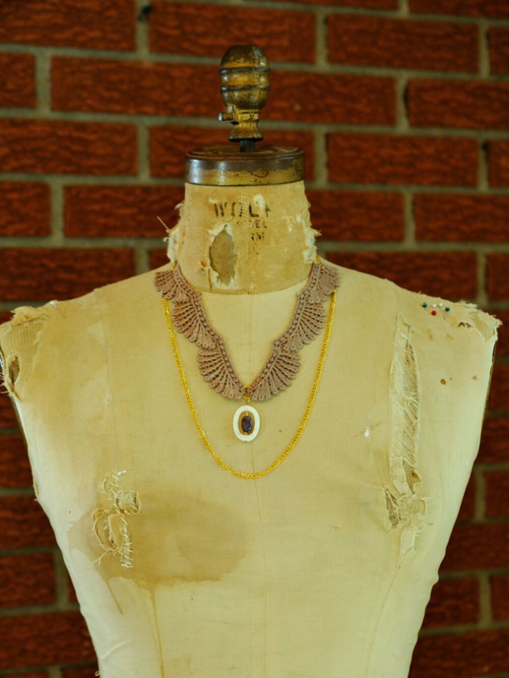 Handmade Venetian Lace Collar Necklace | Amethyst + Ivory Pendant | Upcycled